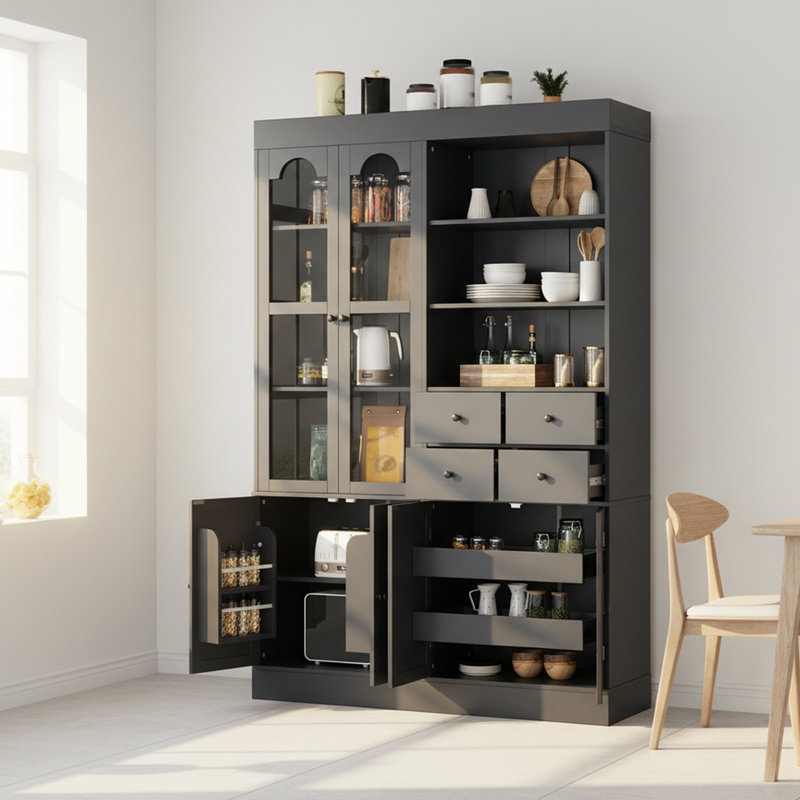 Large garde-manger large avec portes en verre et plateaux coulissants, Gris anthracite