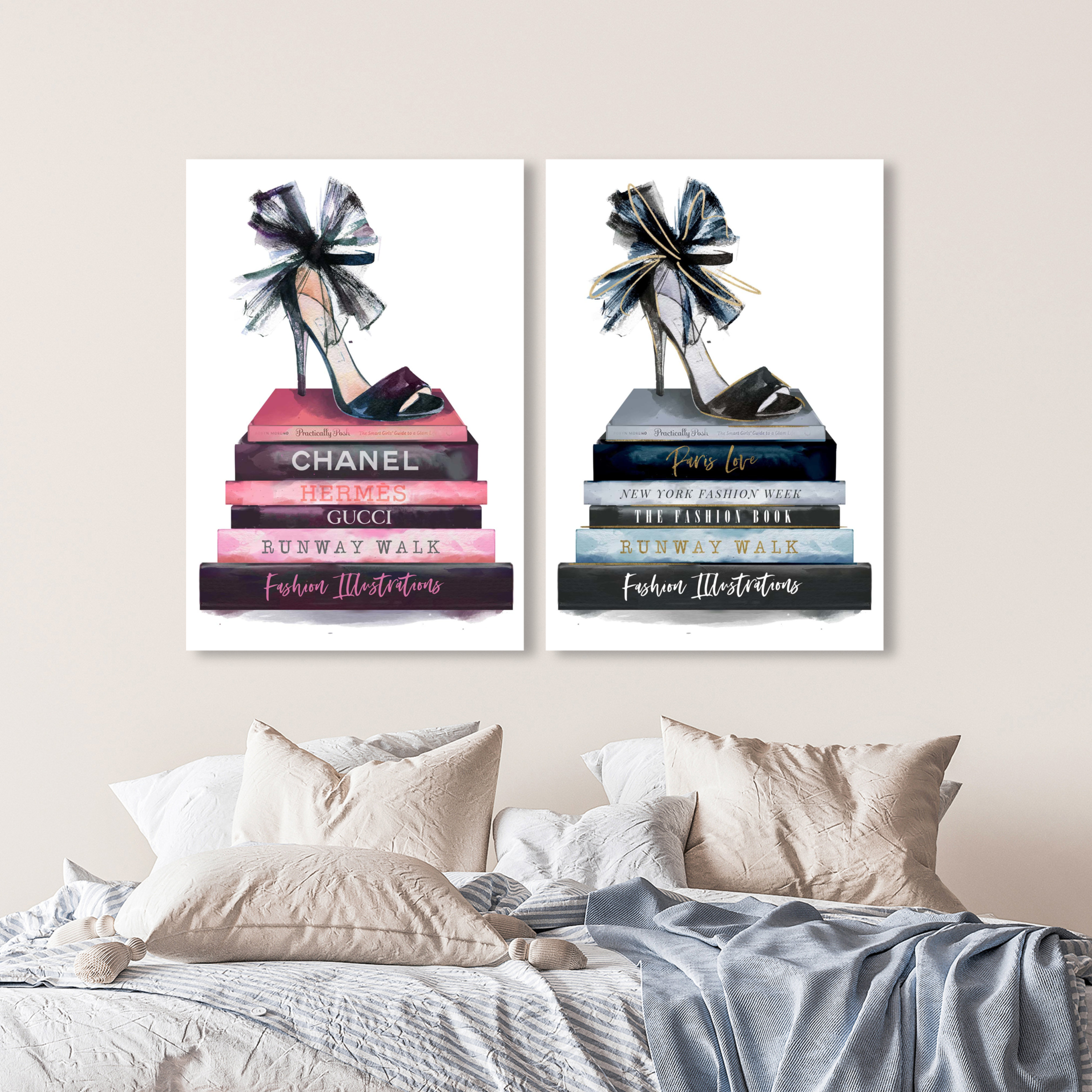Oliver Gal Shoes On The Top And Books Set, Bow Stilettos And Books Modern  Pink On Canvas 2 Pieces by Oliver Gal Print