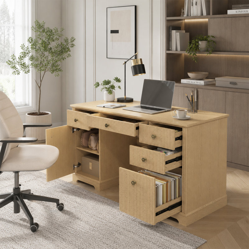 Bureau double caisson cannelé avec rangement à 5 tiroirs Mid-centeuy