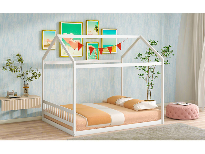 Grand lit maison en bois avec tête de lit, blanc, Blanc