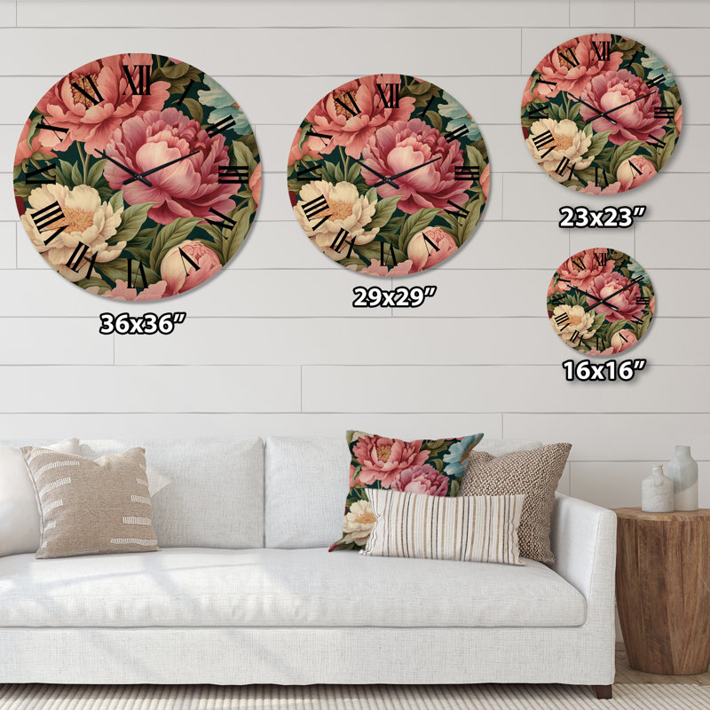 Horloge murale surdimensionnée en bois avec pivoines roses, Grand