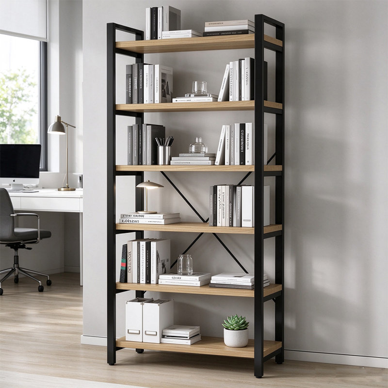 6-Tier Rustic Industrial Solid Wood Bookshelf, Wood and Metal Open Storage Rack for Home Office, natural finish