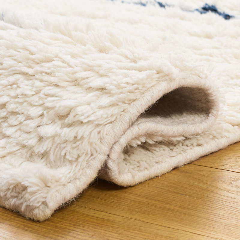 Tapis ivoire / bleu marine en laine fait à la main Mayer, Rectangle 8 pi x 10 pi