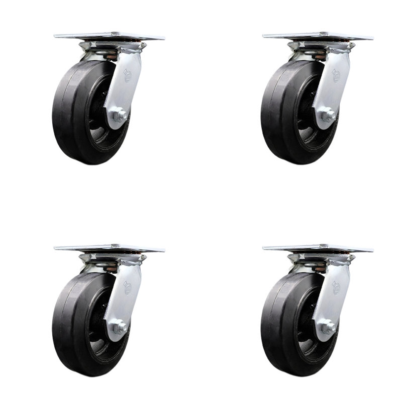6 Inch Rubber on Steel Caster Set with Roller Bearings and Swivel Locks SCC