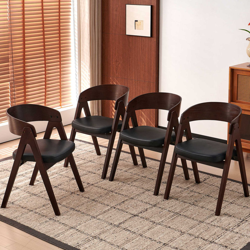Faux Leather Dining Room Chairs with Solid Rubber Wood Frame, Set of 4, Black Seat, Walnut Color Frame, Dark Brown Wood
