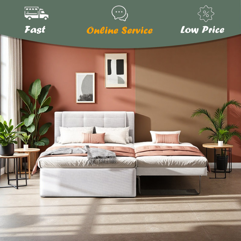 Lit plateforme double tapissier, Beige