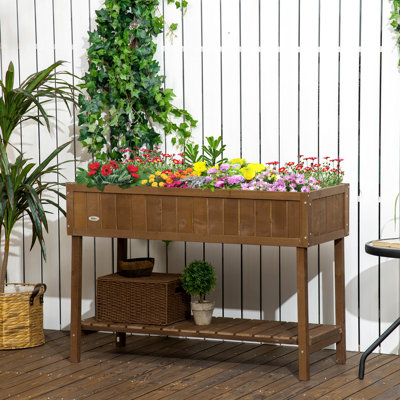 Lit à fleurs surélevé en bois brun foncé 43,25 po x 18 po x 30 po avec 8 poches et une tablette de rangement pour diverses herbes, légumes et plantes