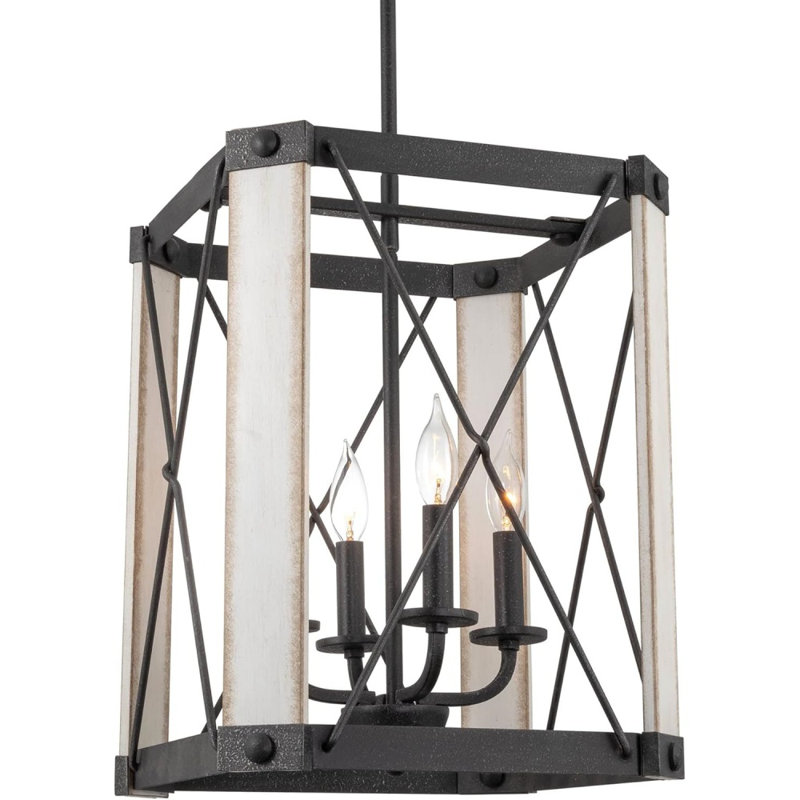 Luminaire suspendu de style campagne moderne 19 po à 4 lumières, lanterne suspendue cage en fil métallique, finition bois de frêne blanc + finition noire texturée