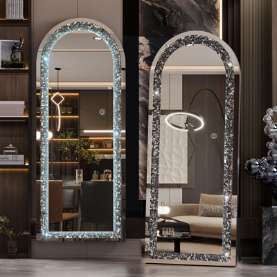 LED Crystal-Encrusted Full-Length Mirror, Wall Mounted or Leaning Floor Mirror, 3-Year Warranty