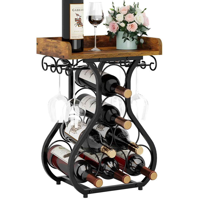 Comptoir à bouteilles de vin, petit support à vin avec porte-verres à vin, 7 bouteilles
