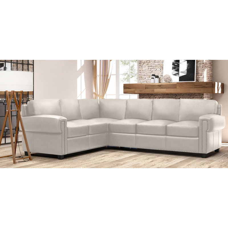 Fardin Upholstered L-Shaped Sectional, White Genuine Leather, Right Facing