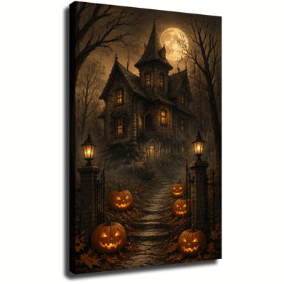 Spooky Haunted Mansion Under Full Moon With Glowing Pumpkins On Autumn Path, Halloween Canvas Wall Art