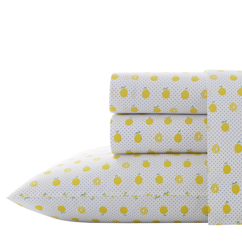 Twin Blue and Yellow Lemon Print Cotton Percale Sheet Set