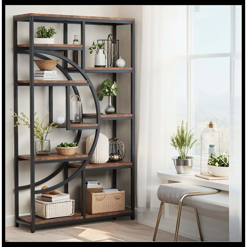 Freestanding Bookshelf, 68.9" Etagere Bookcase With 9 Open Shelves, Rustic Brown/Black