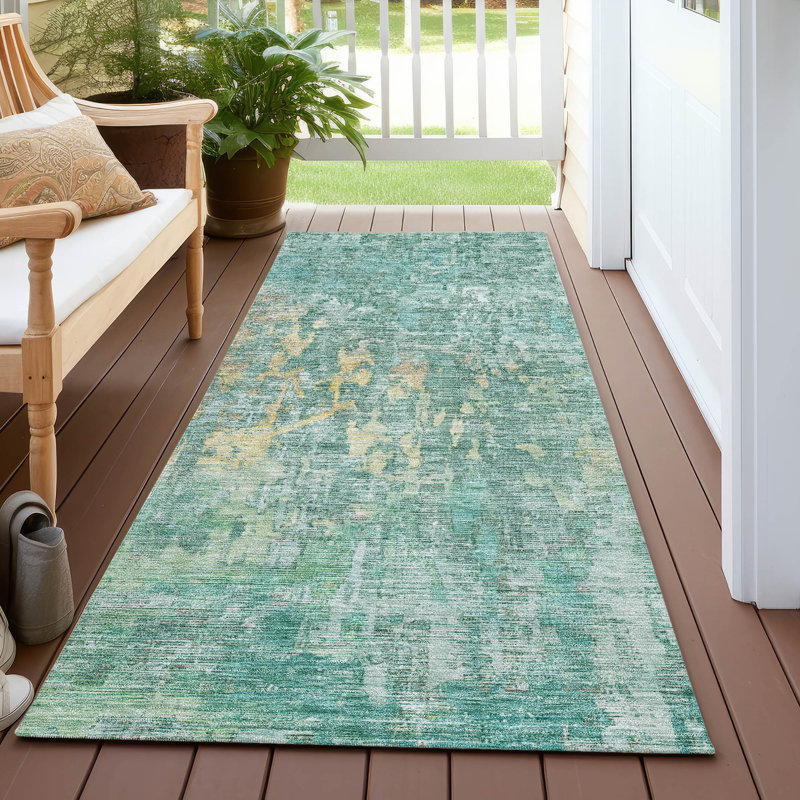 Tapis sarcelle intérieur / extérieur lavable à la machine Claudian ACN1237, Tapis de couloir 2 pi 3 po x 7 pi 6 po