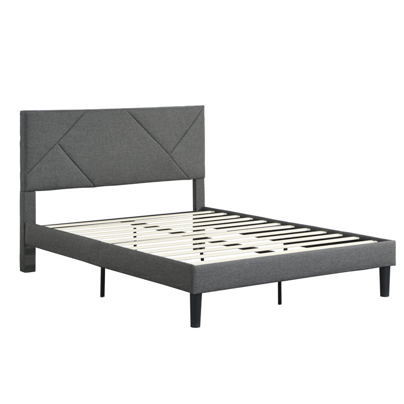 Lit double capitonné gris, tête de lit, lattes de bois, sans sommier, assemblage facile, lit à base de matelas avec base, à construire