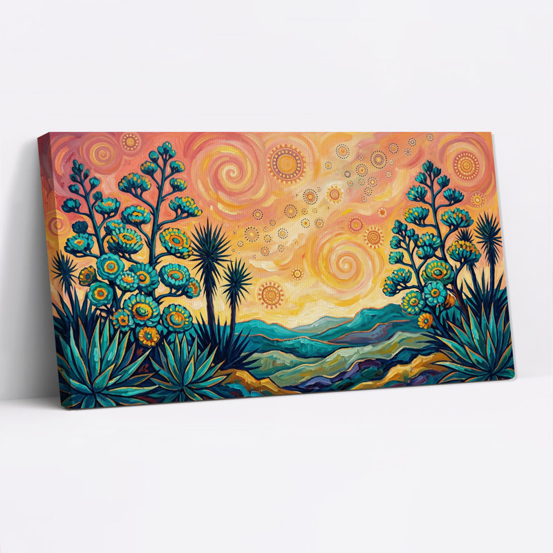 Tableau sur toile représentant un paysage désertique avec des agaves turquoise et un ciel orange tourbillonnant
