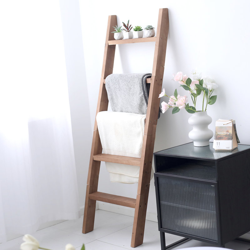  58In Wooden Blanket Ladder With Shelves, Brown