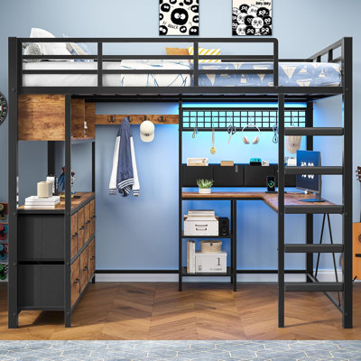 Full Size Loft Bed with 7 Storage Drawers, Large 2-Cube Bookshelf, L Desk & Charging Station, Metal Loft Bed with LED Lights & Open Shelf, Bed with Safety Guardrail & Ladders, Rustic Brown | 4 in 1 full loft bed