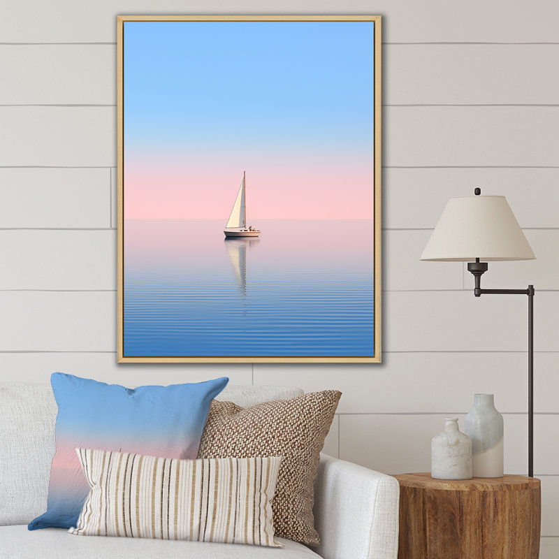 «Blue and Pink Sailling Boat Calm Horizon I» sur toile imprimée, H 32 po x l 24 po x P 1 po, Cadre naturel flottant