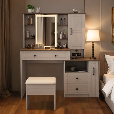 Wrought Studio Dresser set cabinet, LED mirror and power outlet, can hold jewelry, perfume, matching stool | Wayfair Wrought Studio Dresser set cabinet, LED mirror and power outlet, can hold jewelry, perfume, matching stool | Wayfair