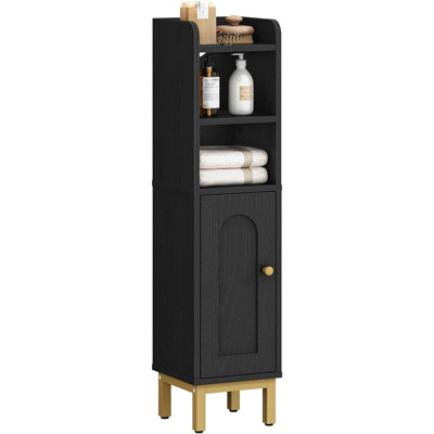 Petite armoire de rangement de coin pour salle de bain - Organisateur de plancher noir avec porte, tablettes réglables et porte-papier hygiénique, conception peu encombrante