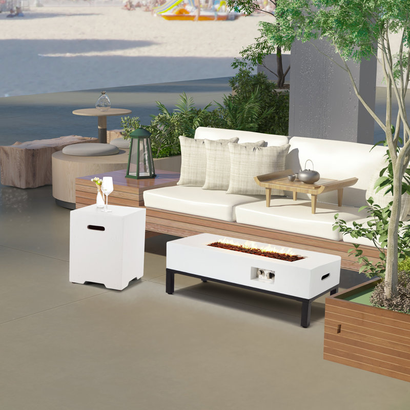 White Magnesium Oxide and Steel Gas Fire Pit Table with Tank Holder