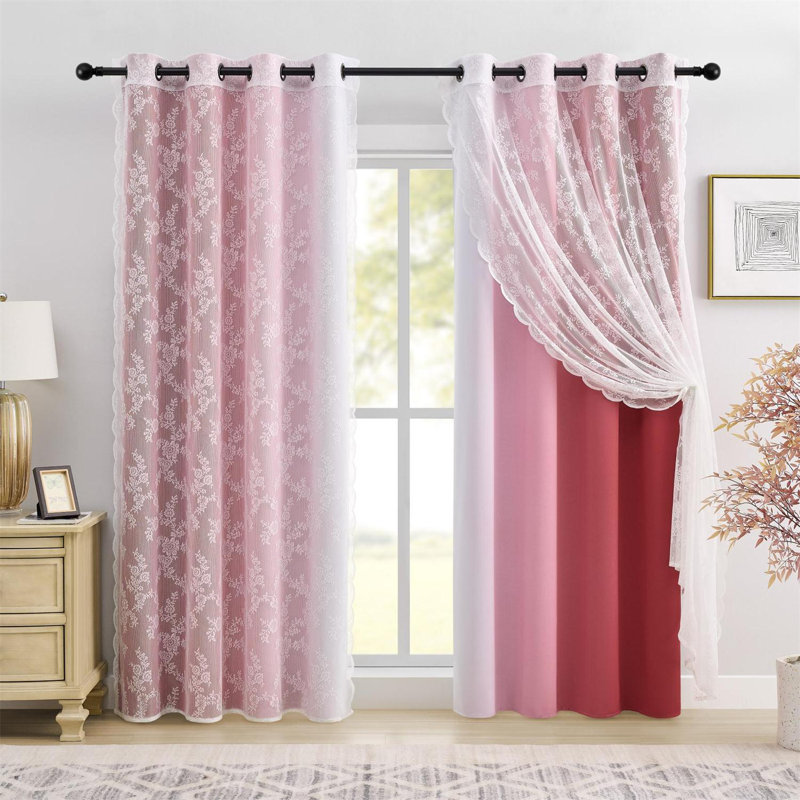 Ombre Blackout Curtains 4 Pcs Set Mix & Matched - 2 Pcs Leaf Sheer Lace & 2 Pcs Ombre Blackout Room Darkening Window Curtains for Bed Room Living Room 84 Inch Long Grommet Thermal Insulated Sunlight Blocking Noise Reducing Red Color