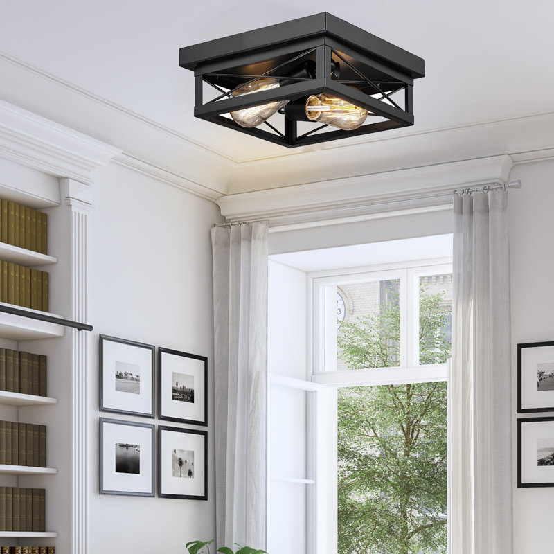 Plafonnier industriel carré 2 lumières Farmhouse, H 8,7 po x l 8,7 po x P 2,75 po, Noir mat