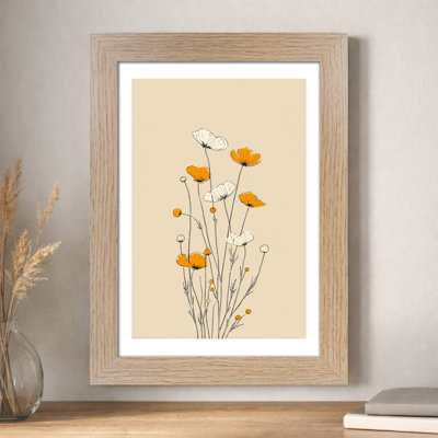 Scandinavian Botanical Wall Art - Giclee Art Print of Six Wildflowers in Soft Beige and Orange, Home Decor Fine Art Illustration 1 Piece Wall Art