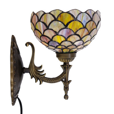 Tiffany Wall Sconce Lamp Plug in or Hardwire Wall Light with 8 Inch Brown Fish Scales Stained Glass Lampshade 8X10.5X11 Inch, Base Finished Antique Bronze, 6ft Cord with On/Off Switch