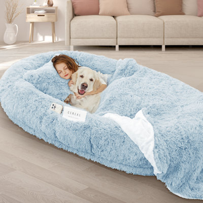 71'' Large Human Dog Bed with Plump Pillow, Blanket, Strap -Blue