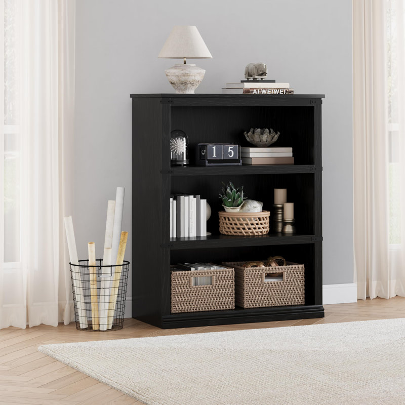 3-Tier Farmhouse Bookcase, Low Wooden Bookshelf with Open Storage Shelves, Black