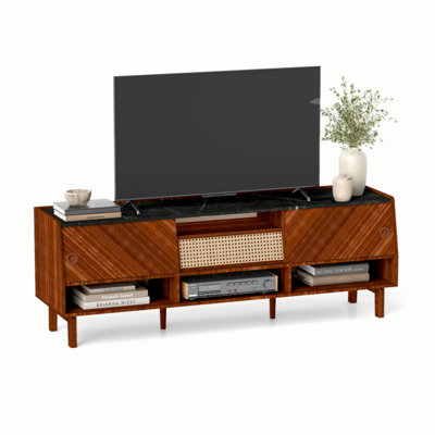 TV Stand For 75+ Inch TV, Mid Century Modern Entertainment Center With Rattan Drawer,Storage Shelves, Large Boho Media TV Console, 67 Inch Long Televi -  Bay Isle Homeâ¢, 8C753D2CA3354EE89C975B342645CB5C