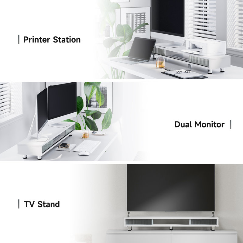 Long Monitor Stands Riser for 2 Monitors with Sliding Door, White