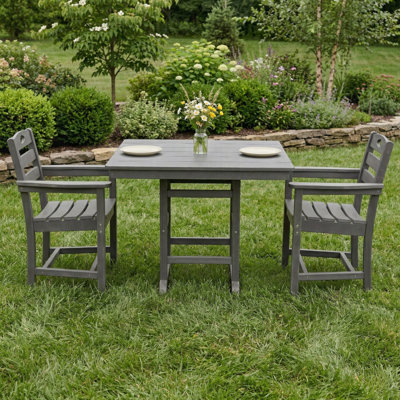 HDPE 3-Piece Outdoor Patio Dining Set With Square Table And 2 Armchairs, For Small Spaces And Elegant Outdoor Entertaining.
