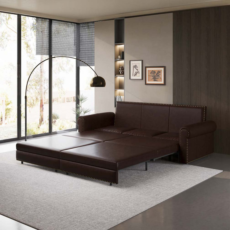 Faux Leather Convertible Sleeper Sofa with Nailhead Trim & Rolled Arm,Pull Out Sofa Bed, Dark Brown