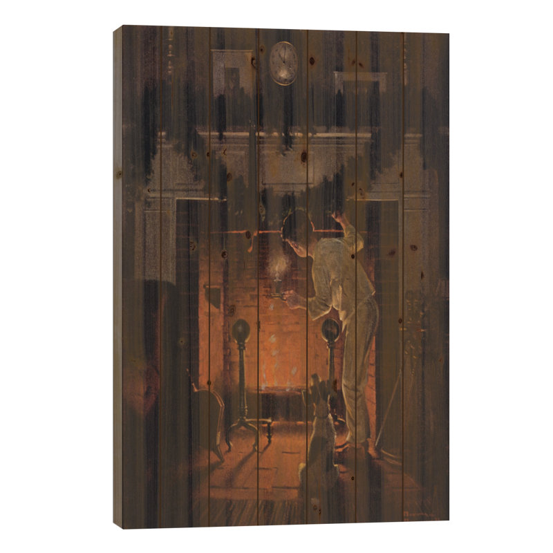 Est-ce qu'il vient? «On Wood» par Norman Rockwell, reproduction, H 26 po x l 18 po x P 1,5 po