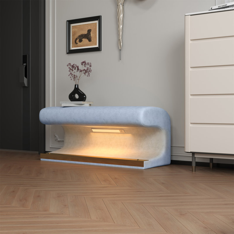 Entryway Bench Leather Upholstered Ottoman with LED sensor light for living room ,bedroom,end of bed, Blue