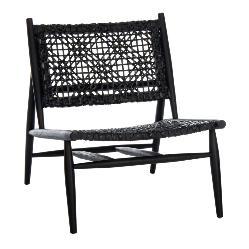 Chaise d'appoint à dossier tissé Kazbah, Cuir véritable noir / pieds noirs