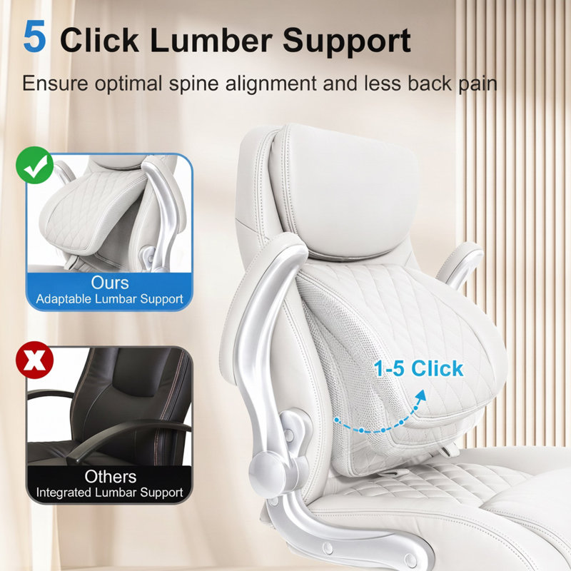 Nouhaus Posture Ergonomic Leather Office Chair. Click5 Lumbar Support with Flip-Up Arms. Modern Swivel Executive Chair and Computer Desk Chair White