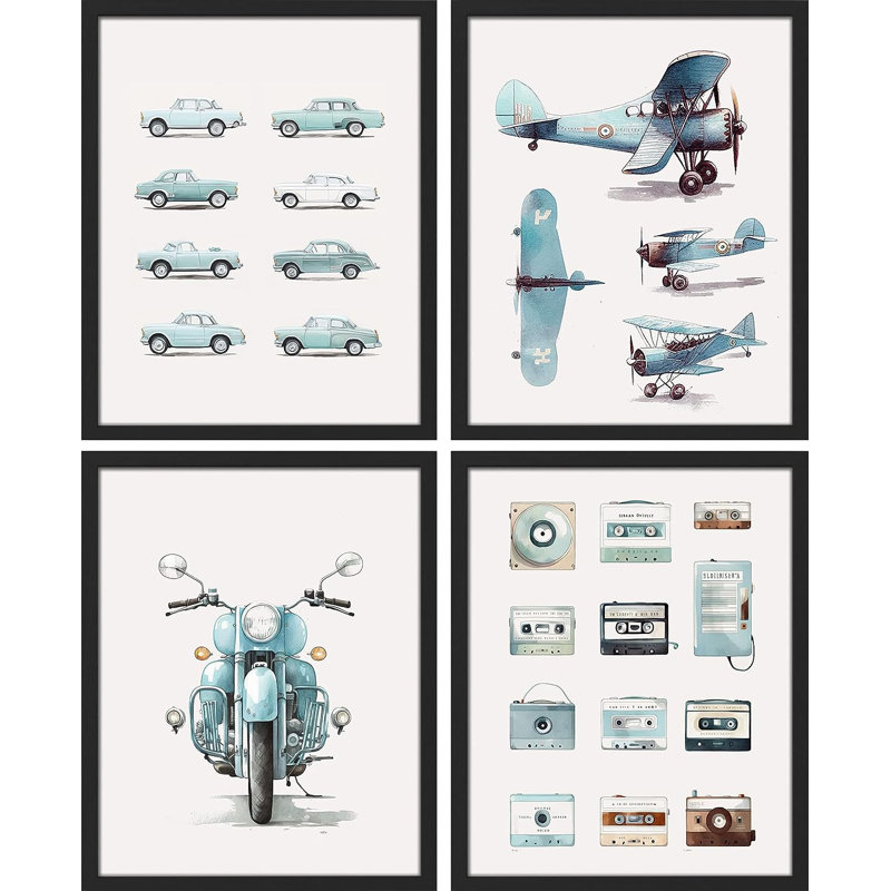 " Retro Vintage Motorcycle Car Airplane Collage " 4 - Pieces, Black Framed, 14" H x 11" W x 1" D