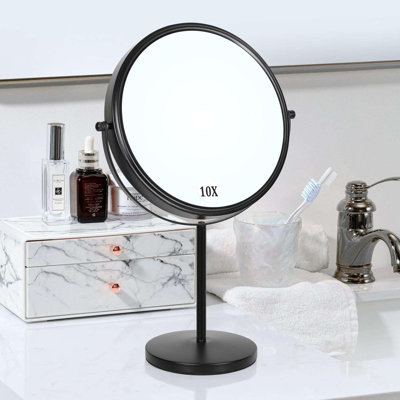 Grand miroir de maquillage de table de grande taille avec grossissement, miroir de meuble-lavabo autoportant pivotant sur 360 ° à double face de 9 pouces, miroir grossissant 1X / 10X avec support pour salle de bain et chambre à coucher, noir mat, sans lumière