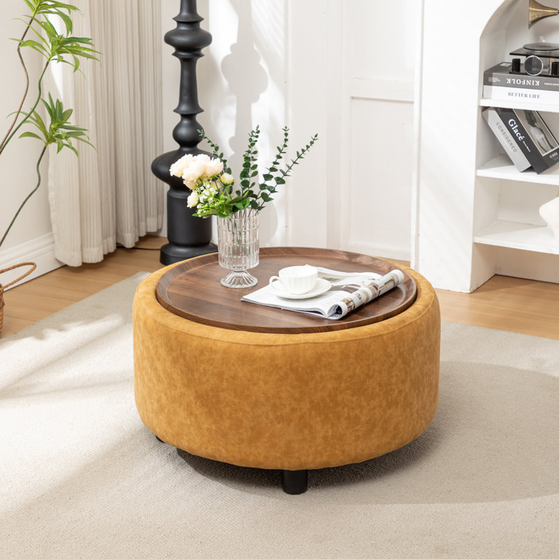 Bryonie Round Cocktail Ottoman with Storage, Yellow Performance Faux Leather