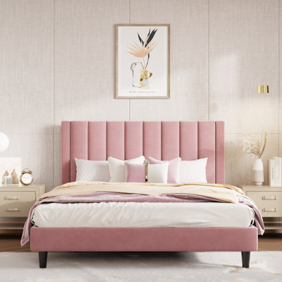 Stauton Upholstered Platform Bed with Velvet and Striped Headboard