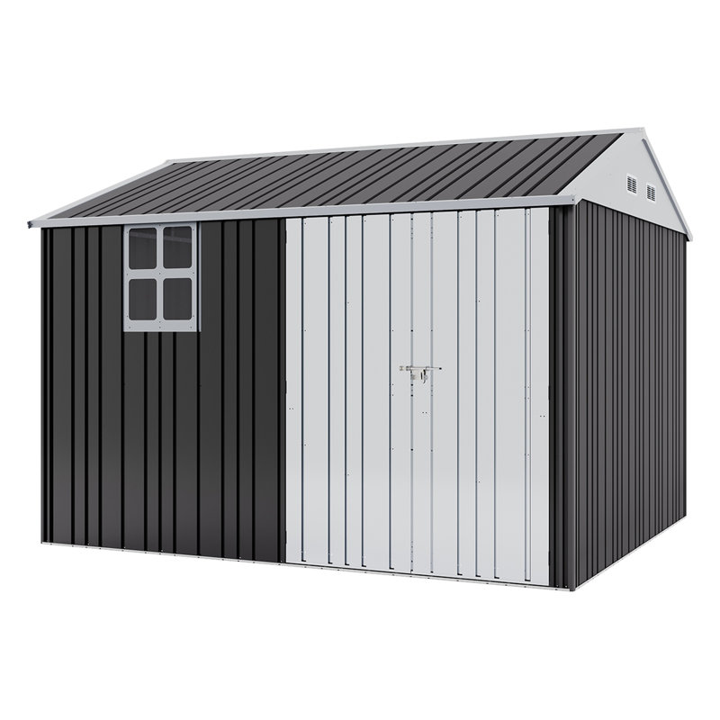 AMERLIFE Outdoor Storage Shed, Lockable Double Hinged Doors, 4 Vents, Backyard, Black/White, 10 Ft. x 8 Ft.