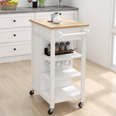 Chariot d'îlot de cuisine blanc avec grand espace de rangement et roues verrouillables en bois massif