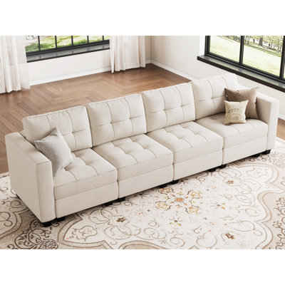 Buckleton Modern Modular Velvet 4 Seat Sofa Convertible Couch with Tufted Cushions and Storage