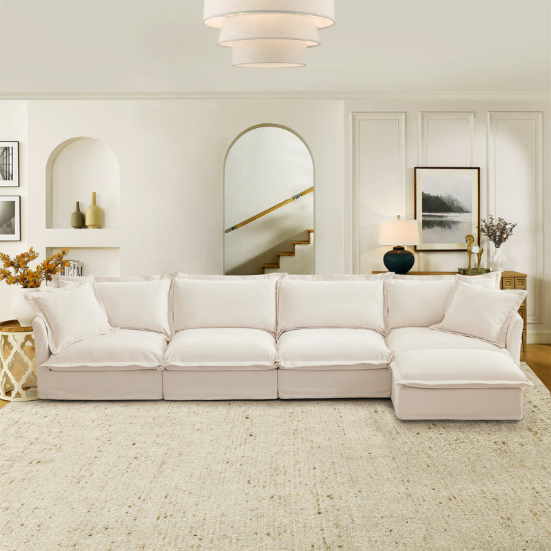 Canapé modulaire en chenille LAF RAF de 156,6 po Daisy, canapé, 4 places, 1 repose-pieds, Chenille beige