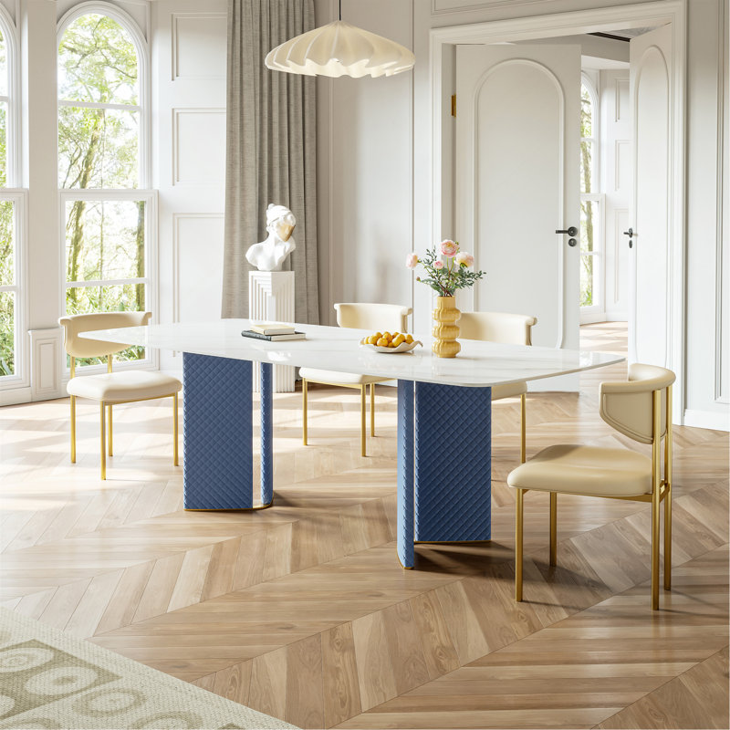 Table de salle à manger en acier inoxydable avec plaque de roche et cuir tissé - supporte jusqu'à 94,5 kg (excluant les chaises)